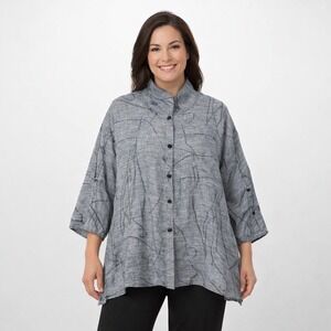 IC by Connie K Gray Lagenlook Button Front Tunic Top Oversized Art Wear L